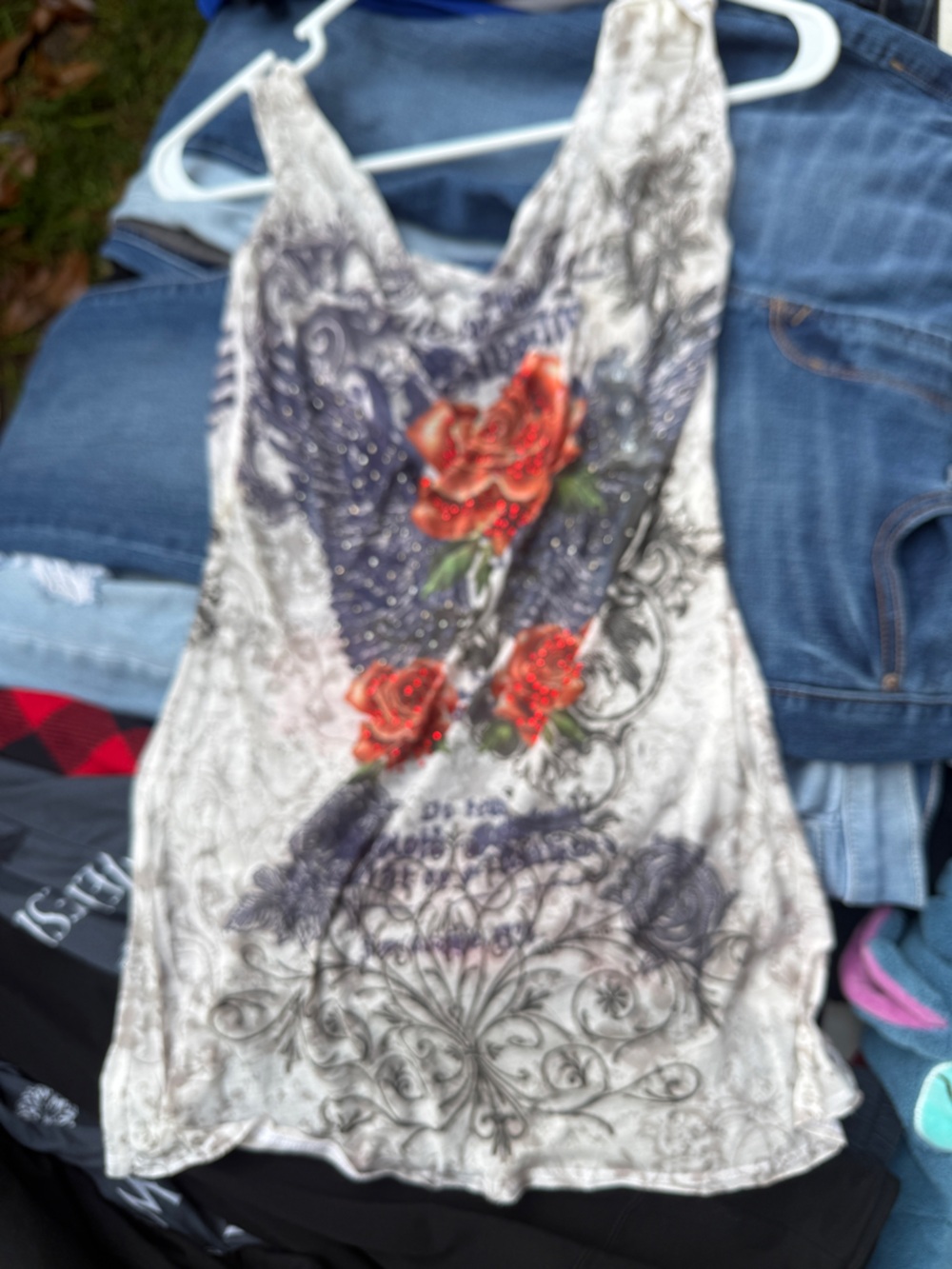 Guess Floral Graphic Cream Tank Top with Red Roses